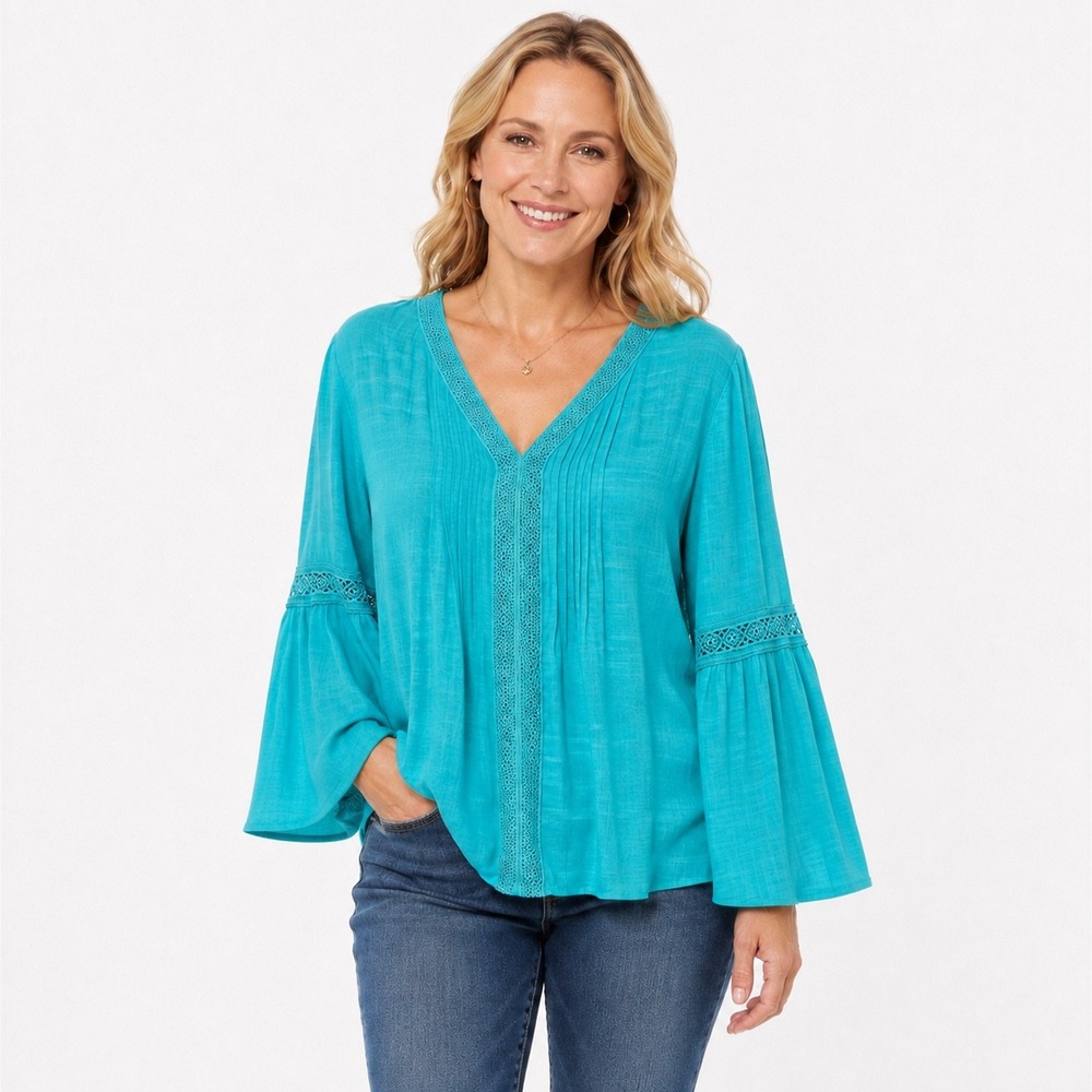Counterparts Womens XL Teal Green Boho Crochet Bell Sleeve Blouse 911224HA